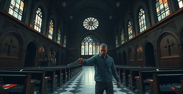 Un hombre con un machete en una iglesia vacía con vidrios rotos y un ambiente de tensión en el aire