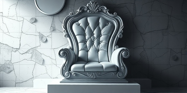 Representación artística de un trono de porcelana agrietado, con sombras amenazantes y un halo de peligro sutil. Estilo fotorrealista con toques de surrealismo oscuro. La iluminación debe ser dramática, enfatizando las grietas y la textura del trono. Colores apagados y contrastantes, con énfasis en el blanco, el gris y el negro. Sin figuras humanas.