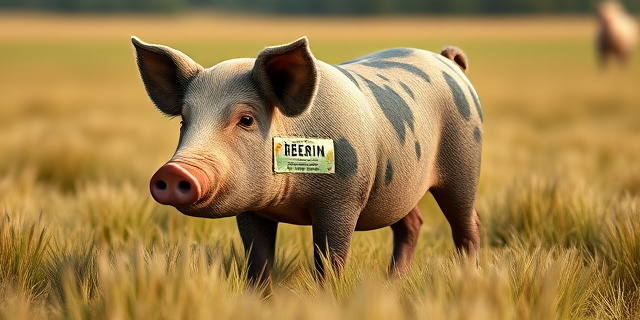 Un cerdo ibérico en un campo de cultivo, con un sello de certificación falsificado en su etiqueta