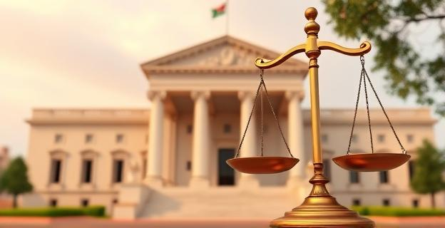 Imagen de un edificio gubernamental con una balanza de justicia en primer plano, simbolizando la denuncia presentada contra un alto cargo político