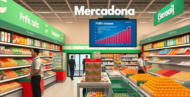 Imagen de un supermercado Mercadona con empleados trabajando, y al fondo una pantalla con gráficos de aumento de beneficios
