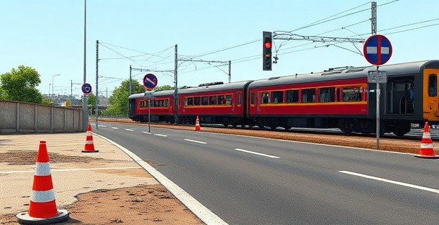 Imagen de una carretera española en mal estado con conos y señales de tráfico, y al fondo un tren detenido en una estación con pasajeros esperando.