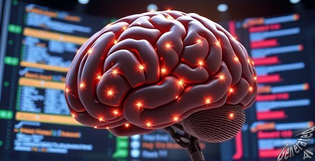 Ilustración de un cerebro artificial gigante con conexiones neuronales brillantes, representando el modelo Qwen-3-Max de Alibaba, con una pantalla de fondo mostrando código y datos.