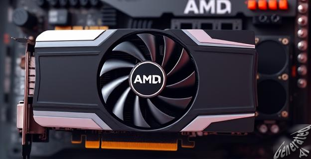 Una imagen de una tarjeta gráfica con un disipador de calor grande y un ventilador, con un logo de AMD en el centro. Detrás de ella, una placa base con componentes electrónicos.