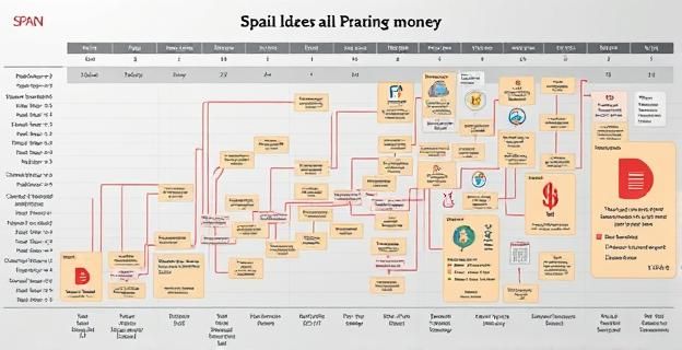 Un gráfico que muestra un gran flujo de dinero público hacia diferentes entidades y organizaciones en España, con un fondo de documentos y listados de subvenciones.