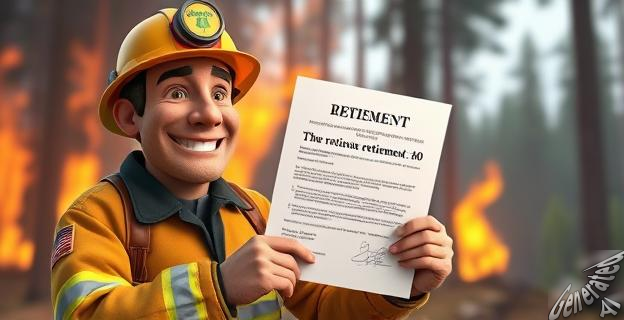 Un bombero forestal sonriendo mientras recibe un documento que confirma su jubilación anticipada a los 60 años, con un fondo de un paisaje forestal en llamas.