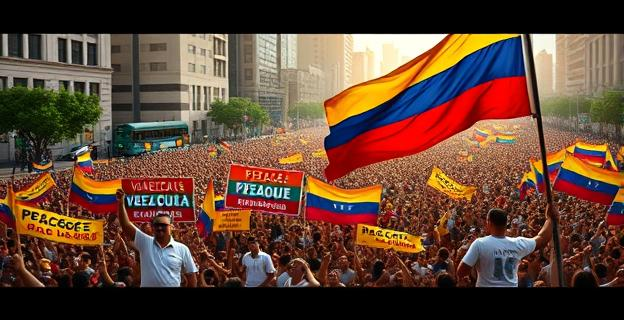 Imagen de un acto político multitudinario en Caracas con pancartas de paz y una bandera venezolana ondeando en el fondo