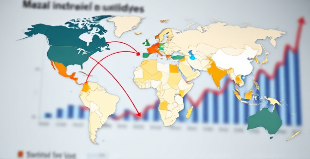 Un mapa mundial con flechas que representan el flujo de dinero desde España hacia diversos países en Latinoamérica, África y Oriente Medio, con algunos de los países destacados en diferentes colores. Al fondo, una imagen borrosa de un gráfico que muestra el aumento en las subvenciones.