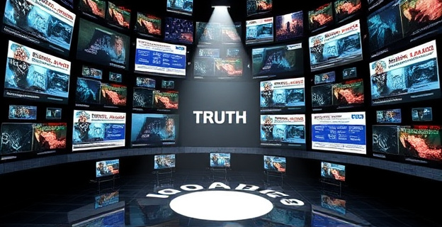 Una imagen conceptual que represente la lucha contra la desinformación: un mosaico de pantallas mostrando noticias verificadas y bulos, con un foco de luz representando la verdad iluminando el camino hacia una sociedad informada.