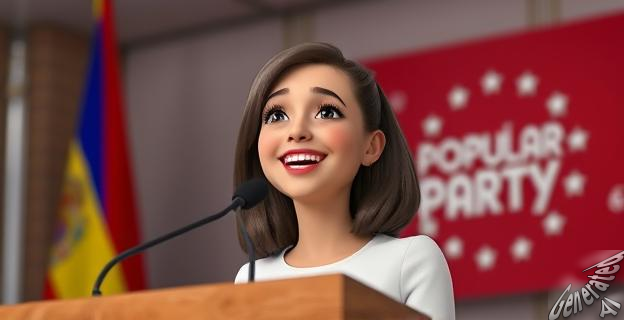 Una mujer joven, Noelia Núñez, sonriendo mientras habla en un podio, con una bandera del Partido Popular al fondo.