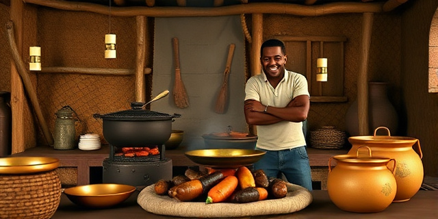 Una cocina africana con una estufa de biomasa y un hombre sonriente al fondo, rodeado de utensilios de cocina tradicionales