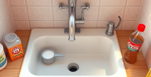 Imagen de un fregadero de cocina con tuberías visibles y algunos de los productos mencionados (bicarbonato, sal, vinagre, Coca-Cola) alrededor