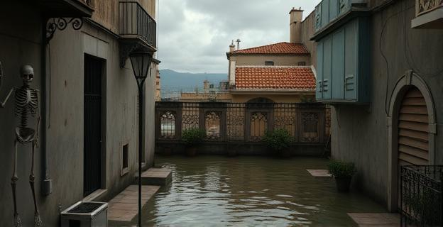 Piso antiguo con restos óseos en Valencia, con terraza inundada y temporal de lluvias en el fondo