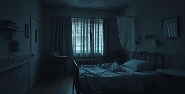 Una escena oscura de una habitación en una residencia de ancianos con una cama deshecha y una atmósfera tensa, sin personas visibles