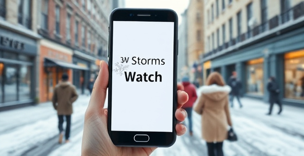 Una escena urbana con un teléfono móvil mostrando una notificación de tormenta invernal sobre un fondo de calles nevadas. La pantalla destaca el texto "Winter Storm Watch" con un icono de copo de nieve. Alrededor, se ven edificios y gente con abrigos, creando una atmósfera de expectativa y preparación.