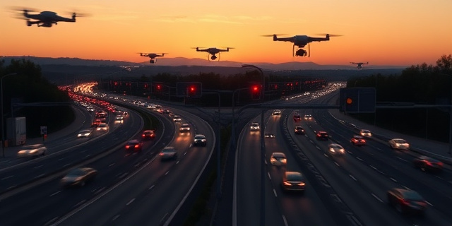 Una carretera española al anochecer, llena de luces de tráfico y radares flotantes sobre el asfalto. Los coches pasan como gotas en una lluvia de luces, y el horizonte se ve dividido entre las sombras de los edificios y los destellos de los drones volando sobre la autopista.