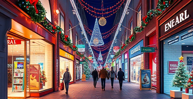 Una calle comercial navideña iluminada con gente comprando en tiendas físicas y centros comerciales, con escaparates decorados y luces de colores