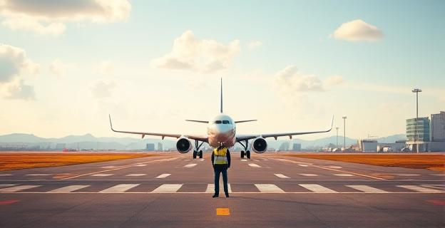 Imagen de un aeropuerto con un avión en la pista y un menor solo en primer plano