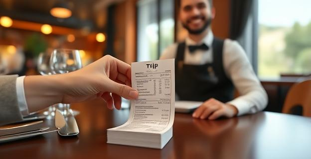 Imagen de una mesa de restaurante con una factura y una mano dejando propina, con un camarero al fondo sonriendo