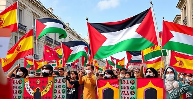 Imagen de una manifestación con pancartas a favor de Palestina en España, con banderas de sindicatos y partidos políticos de izquierda, en un contexto de protesta social