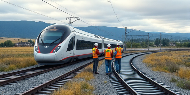 Una imagen de un tren de alta velocidad pasando por un tramo de vía férrea en el campo, con un fondo de montañas y un cielo nublado. En el centro de la imagen, un grupo de personas con chalecos reflectantes y cascos, trabajando en la vía férrea.