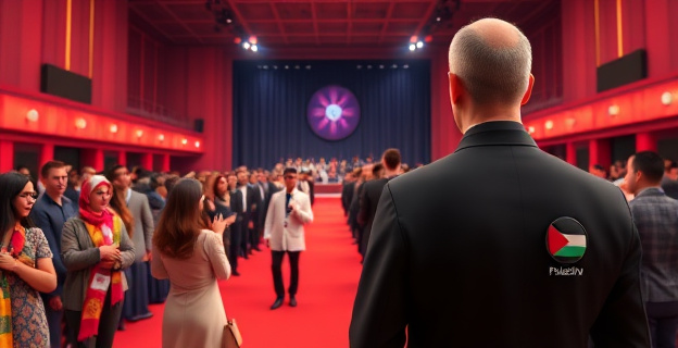 Una imagen de una alfombra roja llena de asistentes con chapas y pañuelos políticos, con un gran auditorio al fondo donde se celebra la gala de los Goya. En el escenario, una figura con una kufiya y otra con una chapa de 