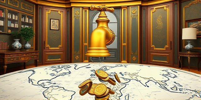 Una ilustración satírica de un grifo dorado gigante instalado en un despacho gubernamental lujoso, donde el agua que sale son monedas de euro y billetes que caen en un mapa mundi desgastado. Estilo caricatura editorial de periódico, colores contrastados, atmósfera de opulencia frente a precariedad.
