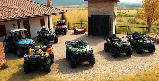 Una finca rústica con varios vehículos todoterreno y quads estacionados alrededor, con un armero grande y precintado en el interior de la casa. Al fondo, se ve un paisaje rural extremeño.