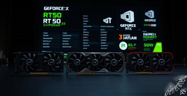 Tarjetas gráficas GeForce RTX 50 SUPER sobre una mesa con fondo oscuro, mostrando sus especificaciones en una pantalla gigante detrás.