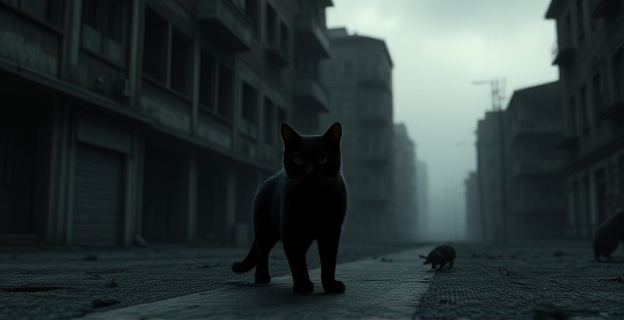 Un paisaje urbano desolado, con edificios abandonados y una silueta de gato acechando en la penumbra. Detrás, una sombra difusa de una rata. La escena irradia un ambiente de misterio y alerta, con tonalidades oscuras y un contraste dramático entre la naturaleza salvaje y el entorno urbano.