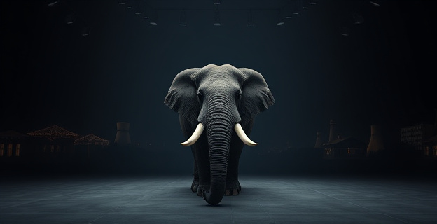 Una habitación oscura con un gran elefante en el centro, representando la crisis energética, con luces de fondo que simulan las centrales nucleares y viviendas en construcción al fondo.