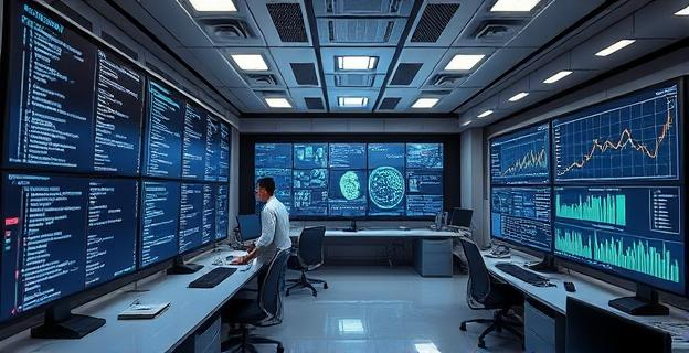 Una oficina futurista con pantallas mostrando códigos de programación y gráficos de inteligencia artificial, con un ambiente de alta tecnología y productividad.