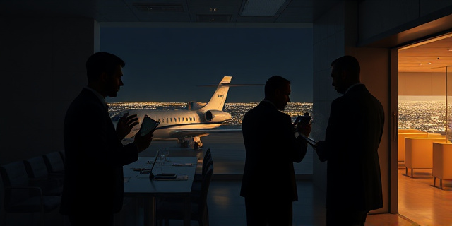 Escena nocturna en el aeropuerto de Barajas, una terminal iluminada a bajo brillo, donde figuras sombrías intercambian documentos y teléfonos. Un avión privado se abre, desvelando una puerta secreta que conduce a un despacho privado, con paredes de mármol y una gran ventana que ofrece la vista de la ciudad iluminada. Los personajes están envueltos en trajes oscuros, sus rostros parcialmente iluminados, y se observan gestos de negociación y confidencias. La atmósfera es tensa, con un ligero humo de cigarrillo y murmullos de conversaciones en inglés y español.