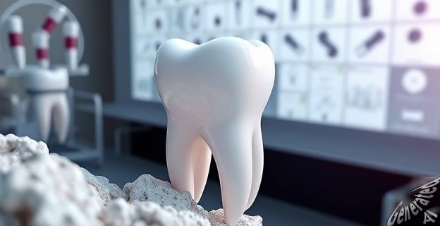 Ilustración de un diente con una capa de queratina brillante, rodeado de moléculas de queratina y minerales, con un fondo de laboratorio de investigación.