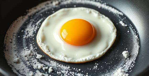 Una sartén con harina espolvoreada y un huevo frito dorado