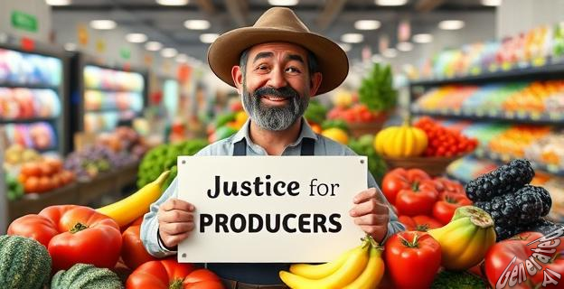 Una imagen de un agricultor sosteniendo un letrero que dice 