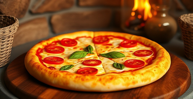 Una pizza casera con una base crujiente y aireada, salida de un horno de piedra, con ingredientes frescos y coloridos