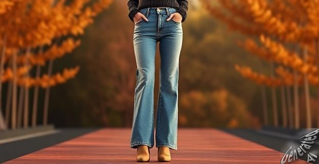 Una modelo femenina con vaqueros anchos y bajo vuelto posando en una pasarela de moda con fondo de colores otoñales.