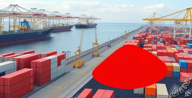 Imagen de un puerto con contenedores y barcos al fondo, con una zona marcada en rojo donde se indica la desaparición del carbón.
