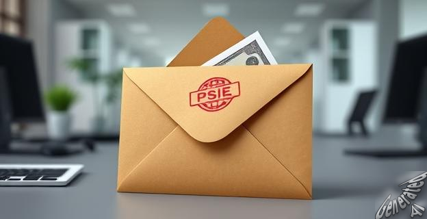 Imagen de un sobre marrón con dinero en efectivo y un sello con el logotipo del PSOE en un fondo gris con elementos de oficina difusos alrededor