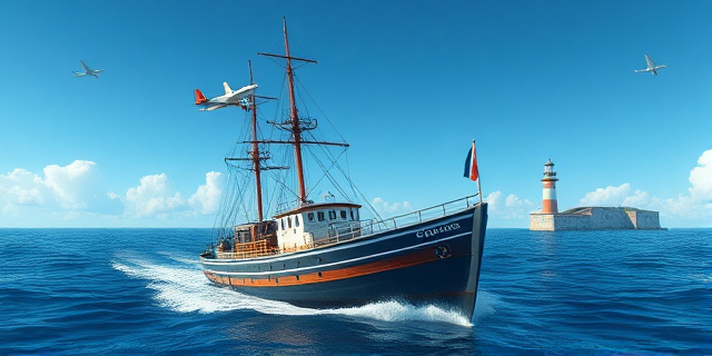 Una imagen de un barco en alta mar, con un capitán ausente y un faro en la distancia, mientras un avión vuela por encima con un pasajero confundido