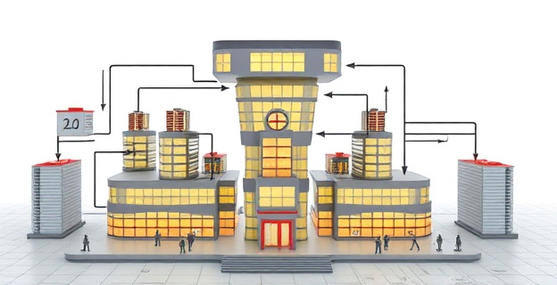 Una gran empresa con una estructura contable compleja y una factura fiscal mínima, con gráficos que representan la evasión fiscal y la ingeniería financiera