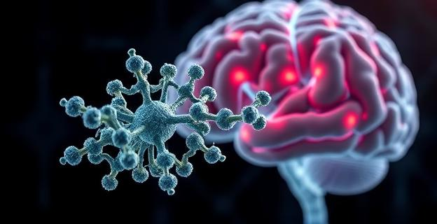 Imagen de una molécula de proteína SGK1 interactuando con una célula neuronal en el hipocampo, con fondo de un cerebro humano estilizado