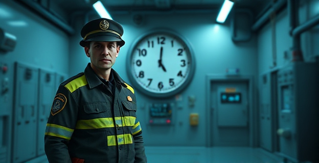 Imagen de un guardia civil en una central nuclear, con un reloj en el fondo marcando 16 horas, y una sombra que refleja cansancio y frustración.