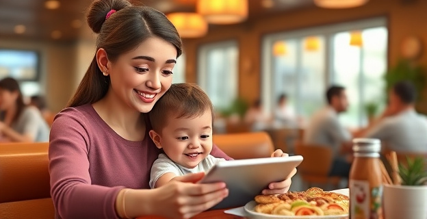 Una madre con su hijo en un restaurante, el niño utiliza una tablet mientras la madre come, el fondo es un restaurante con otras familias