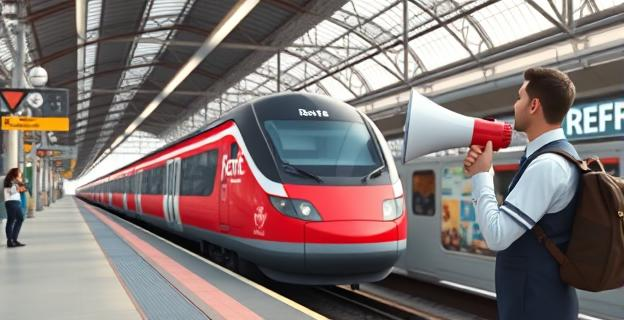 Imagen de un tren de alta velocidad detenido en una estación con pasajeros esperando en el andén, mientras un empleado de Renfe informa en un megáfono