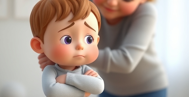 Un niño triste y frustrado, con la cabeza baja y los brazos cruzados, mientras un adulto lo abraza y le habla con cariño
