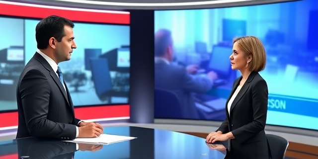Un periodista español en un estudio de televisión, con un fondo de pantalla de noticias, mientras habla con una mujer política