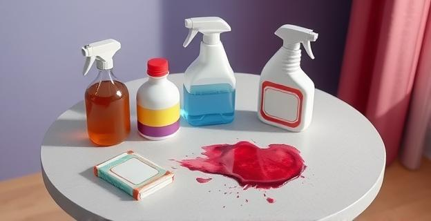 Una mesa con diferentes productos de limpieza y una mancha de vino tinto en una tela.