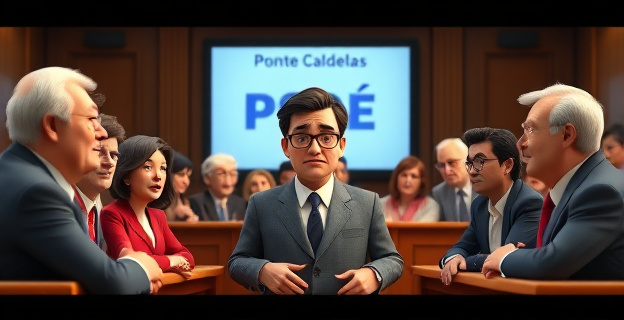 Una escena de un pleno municipal con un alcalde en el centro, rodeado de concejales de diferentes partidos, con expresiones de sorpresa y disgusto en sus rostros. Al fondo, un letrero que dice 